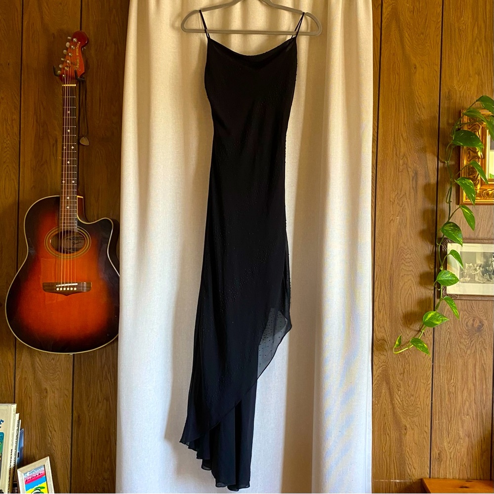 Isiz Minelli vintage black spaghetti strap asymmetrical hem formal dress